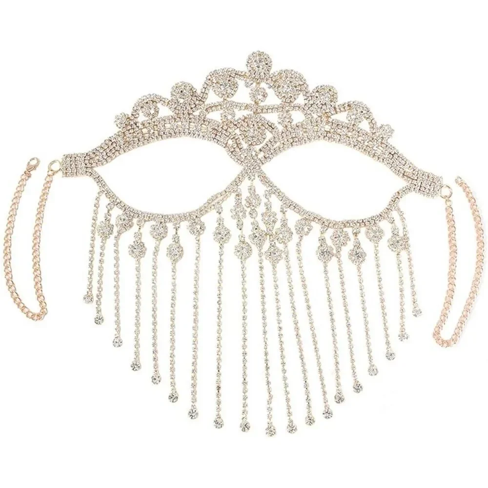 Women's Rhinestone Tassel Veil Masks Forehead Chain Rave Crystal Chains Mask